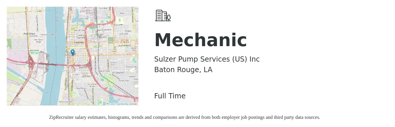 Sulzer Pump Services (US) Inc job posting for a Mechanic in Baton Rouge, LA with a salary of $18 to $26 Hourly with a map of Baton Rouge location.