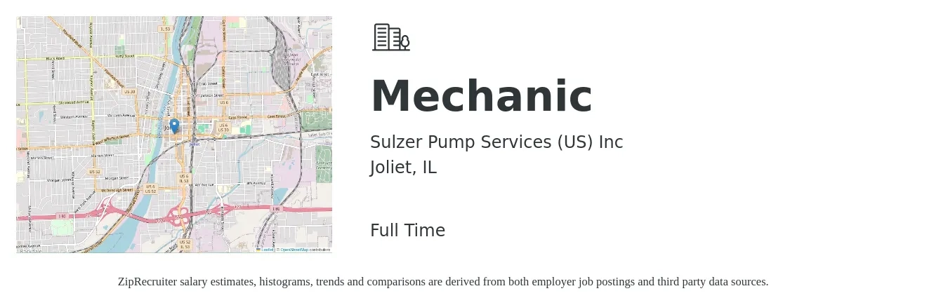 Sulzer Pump Services (US) Inc job posting for a Mechanic in Joliet, IL with a salary of $20 to $29 Hourly with a map of Joliet location.