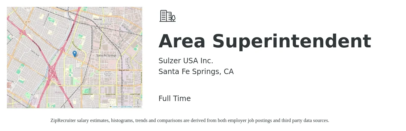 Sulzer USA Inc. job posting for a Area Superintendent in Santa Fe Springs, CA with a salary of $71,900 to $117,000 Yearly with a map of Santa Fe Springs location.