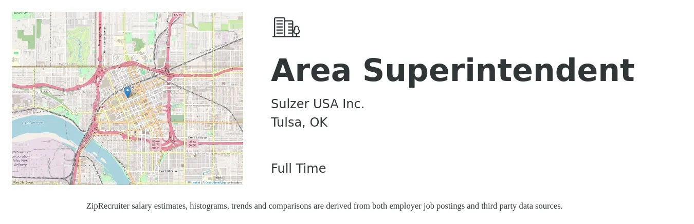 Sulzer USA Inc. job posting for a Area Superintendent in Tulsa, OK with a salary of $63,400 to $103,200 Yearly with a map of Tulsa location.