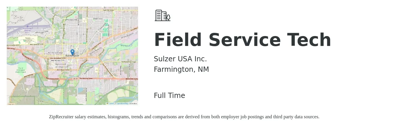 Sulzer USA Inc. job posting for a Field Service Tech in Farmington, NM with a salary of $18 to $26 Hourly with a map of Farmington location.