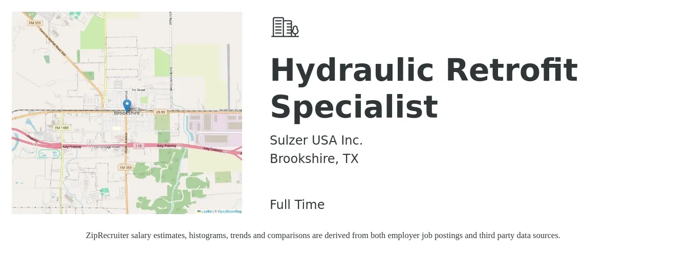 Sulzer USA Inc. job posting for a Hydraulic Retrofit Specialist in Brookshire, TX with a salary of $51,200 to $88,500 Yearly with a map of Brookshire location.