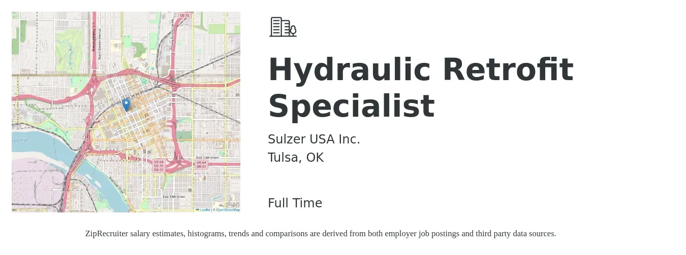 Sulzer USA Inc. job posting for a Hydraulic Retrofit Specialist in Tulsa, OK with a salary of $48,600 to $84,000 Yearly with a map of Tulsa location.