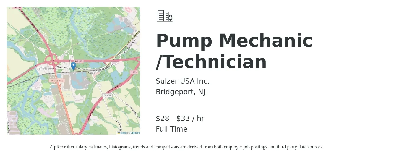 Sulzer USA Inc. job posting for a Pump Mechanic /Technician in Bridgeport, NJ with a salary of $30 to $35 Hourly with a map of Bridgeport location.
