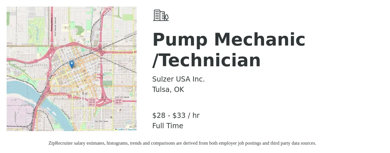 Sulzer USA Inc. job posting for a Pump Mechanic /Technician in Tulsa, OK with a salary of $30 to $35 Hourly with a map of Tulsa location.