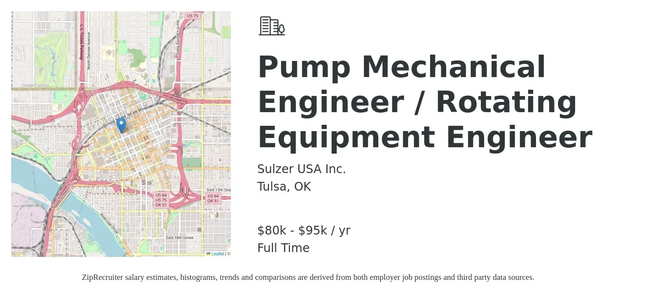 Sulzer USA Inc. job posting for a Pump Mechanical Engineer / Rotating Equipment Engineer in Tulsa, OK with a salary of $80,000 to $95,000 Yearly with a map of Tulsa location.