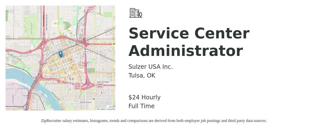Sulzer USA Inc. job posting for a Service Center Administrator in Tulsa, OK with a salary of $25 Hourly with a map of Tulsa location.