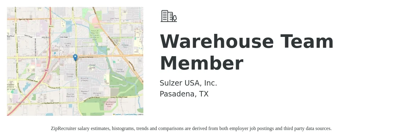 Sulzer USA Inc. job posting for a Warehouse Team Member in Pasadena, TX with a salary of $14 to $17 Hourly with a map of Pasadena location.