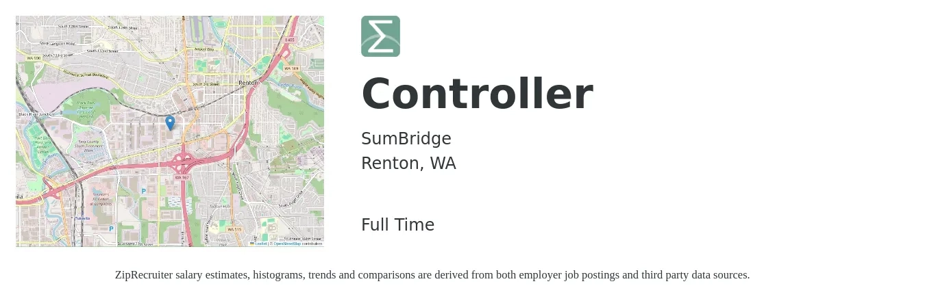 SumBridge job posting for a Controller in Renton, WA with a salary of $109,500 to $156,400 Yearly with a map of Renton location.