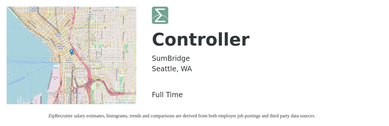 SumBridge job posting for a Controller in Seattle, WA with a salary of $110,400 to $157,600 Yearly with a map of Seattle location.