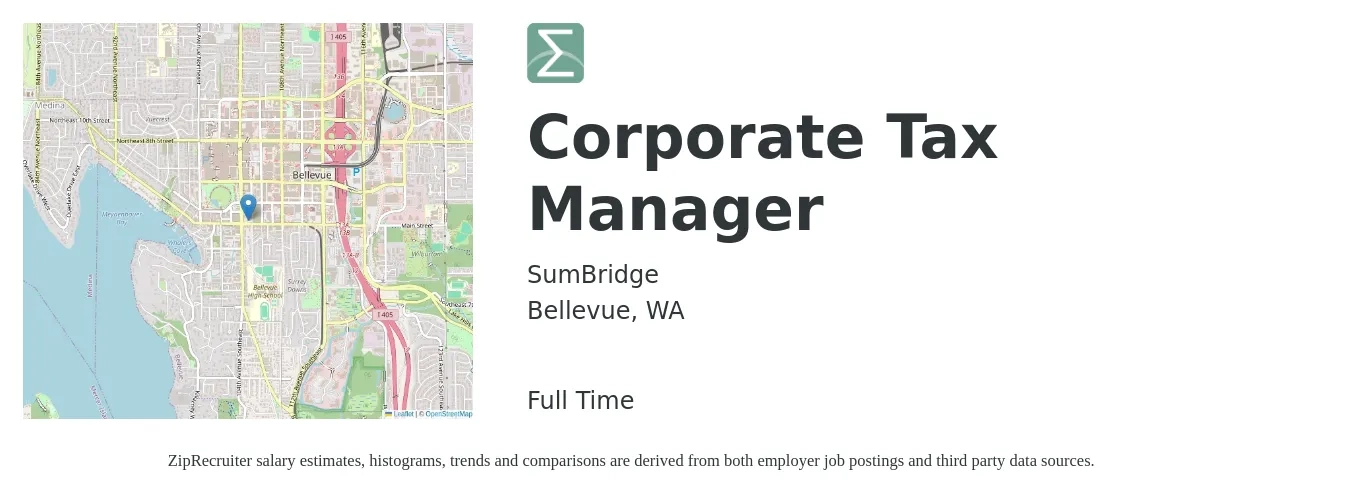 SumBridge job posting for a Corporate Tax Manager in Bellevue, WA with a salary of $128,500 to $172,800 Yearly with a map of Bellevue location.
