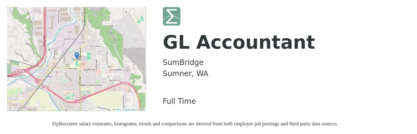 SumBridge job posting for a GL Accountant in Sumner, WA with a salary of $58,300 to $79,900 Yearly with a map of Sumner location.