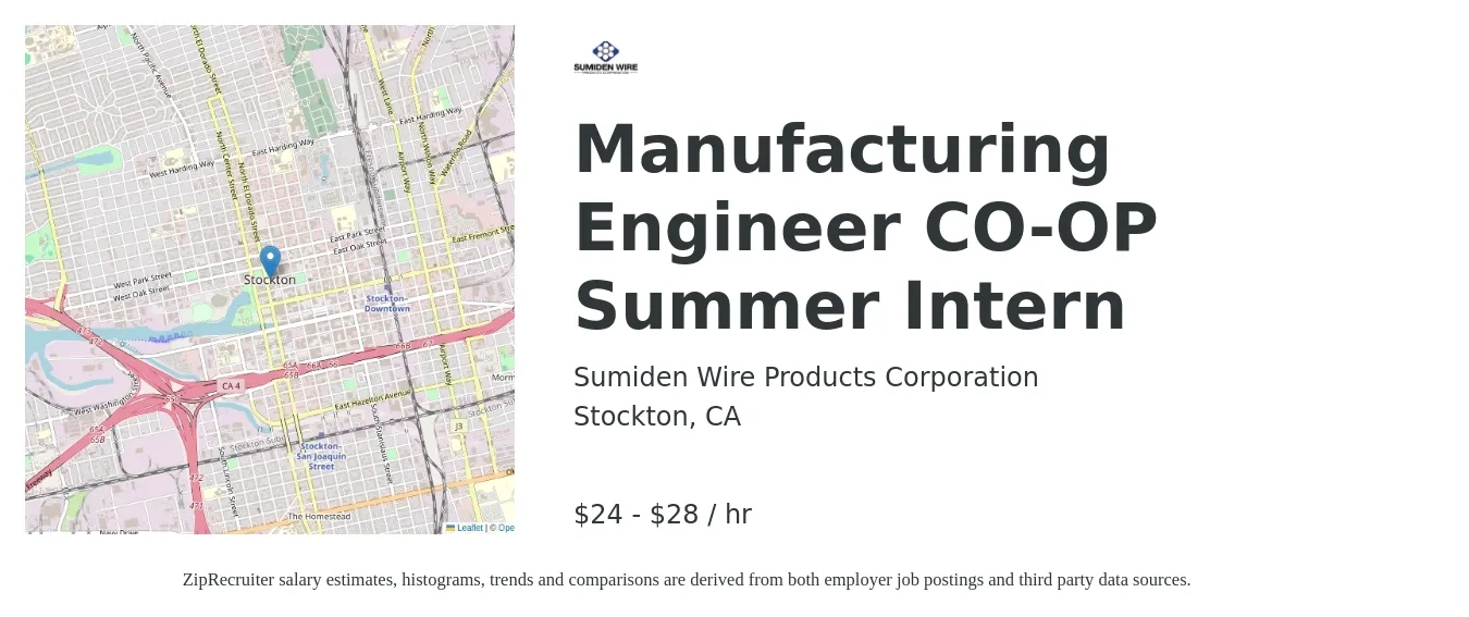 Sumiden Wire Products Corporation job posting for a Manufacturing Engineer CO-OP Summer Intern in Stockton, CA with a salary of $25 to $30 Hourly with a map of Stockton location.