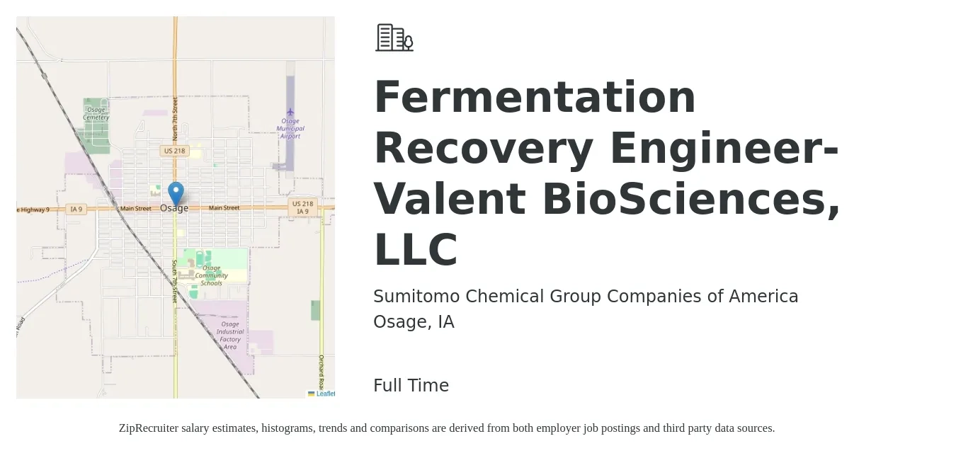 Sumitomo Chemical Group Companies of America job posting for a Fermentation Recovery Engineer- Valent BioSciences, LLC in Osage, IA with a salary of $73,600 to $119,900 Yearly with a map of Osage location.
