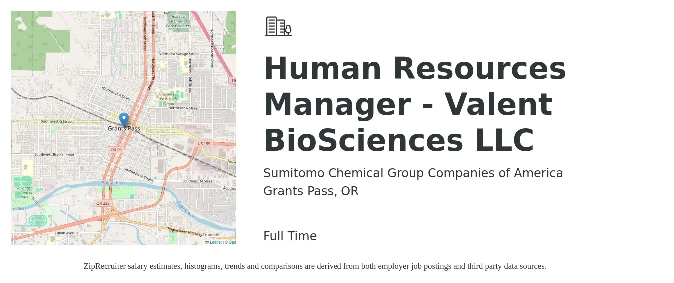 Sumitomo Chemical Group Companies of America job posting for a Human Resources Manager - Valent BioSciences LLC in Grants Pass, OR with a salary of $68,900 to $99,800 Yearly with a map of Grants Pass location.