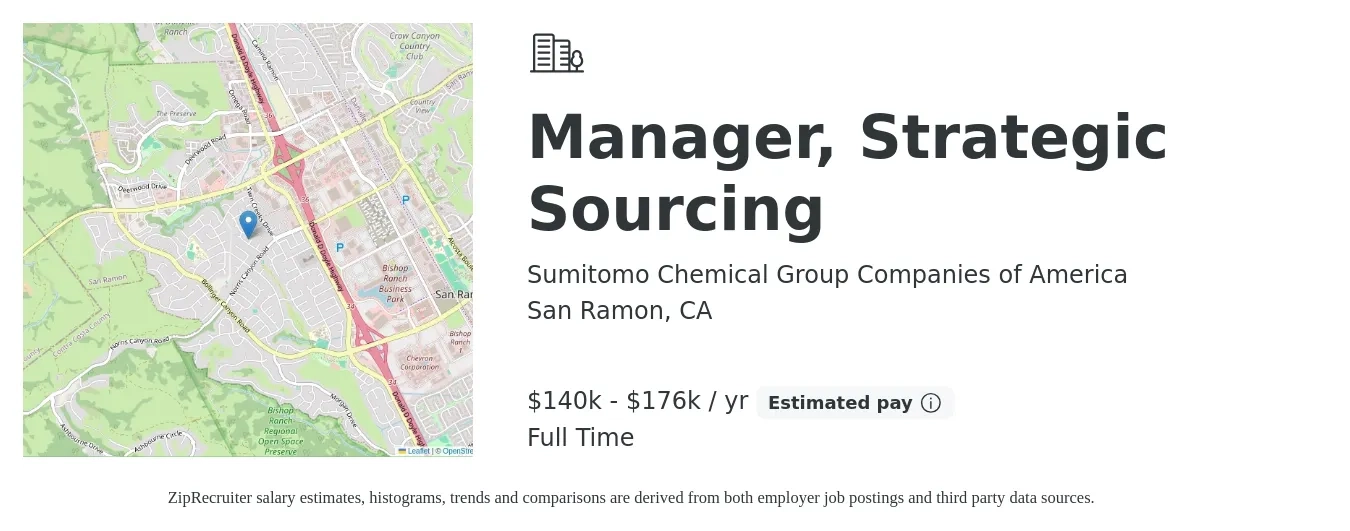 Sumitomo Chemical Group Companies of America job posting for a Manager, Strategic Sourcing in San Ramon, CA with a salary of $140,800 to $176,000 Yearly with a map of San Ramon location.