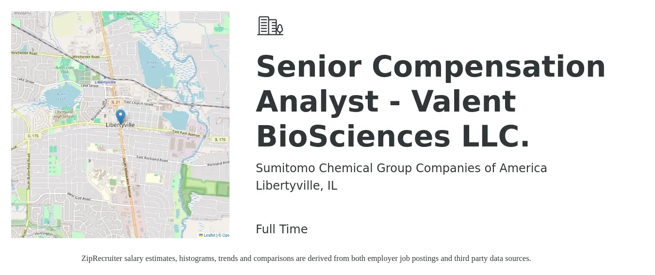 Sumitomo Chemical Group Companies of America job posting for a Senior Compensation Analyst - Valent BioSciences LLC. in Libertyville, IL with a salary of $80,700 to $105,000 Yearly with a map of Libertyville location.