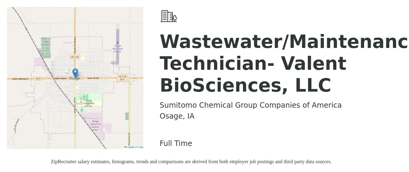 Sumitomo Chemical Group Companies of America job posting for a Wastewater/Maintenance Technician- Valent BioSciences, LLC in Osage, IA with a salary of $16 to $22 Hourly with a map of Osage location.
