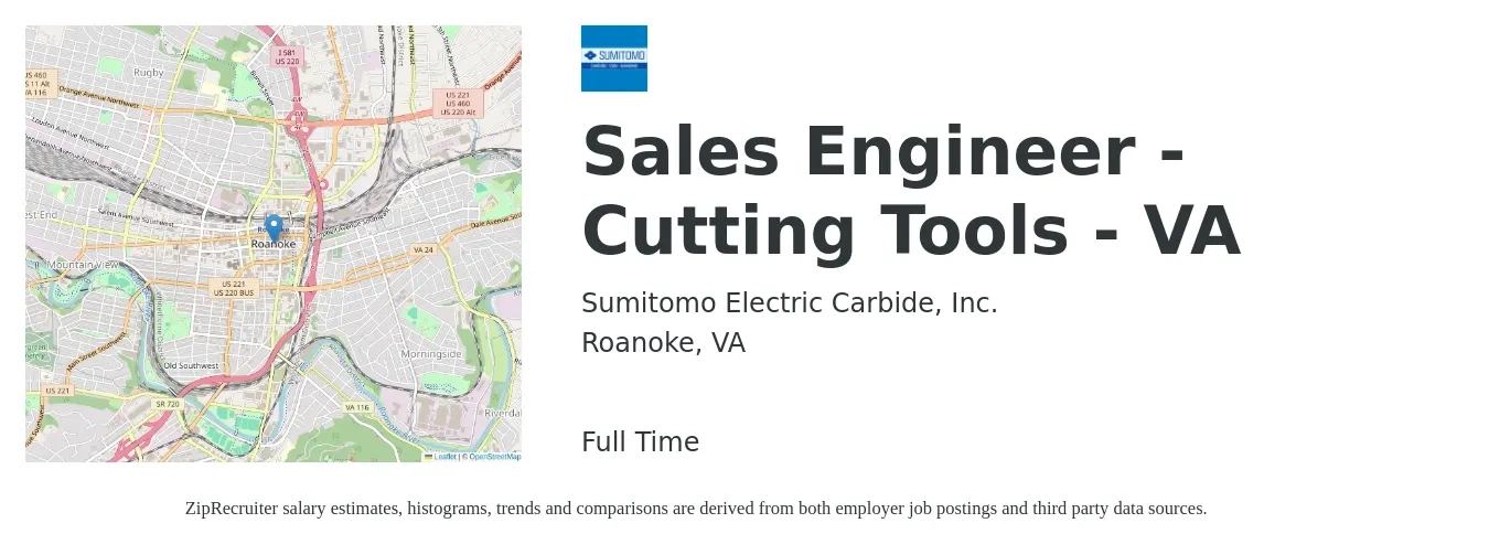 Sumitomo Electric Carbide, Inc. job posting for a Sales Engineer - Cutting Tools - VA in Roanoke, VA with a salary of $73,600 to $110,400 Yearly with a map of Roanoke location.