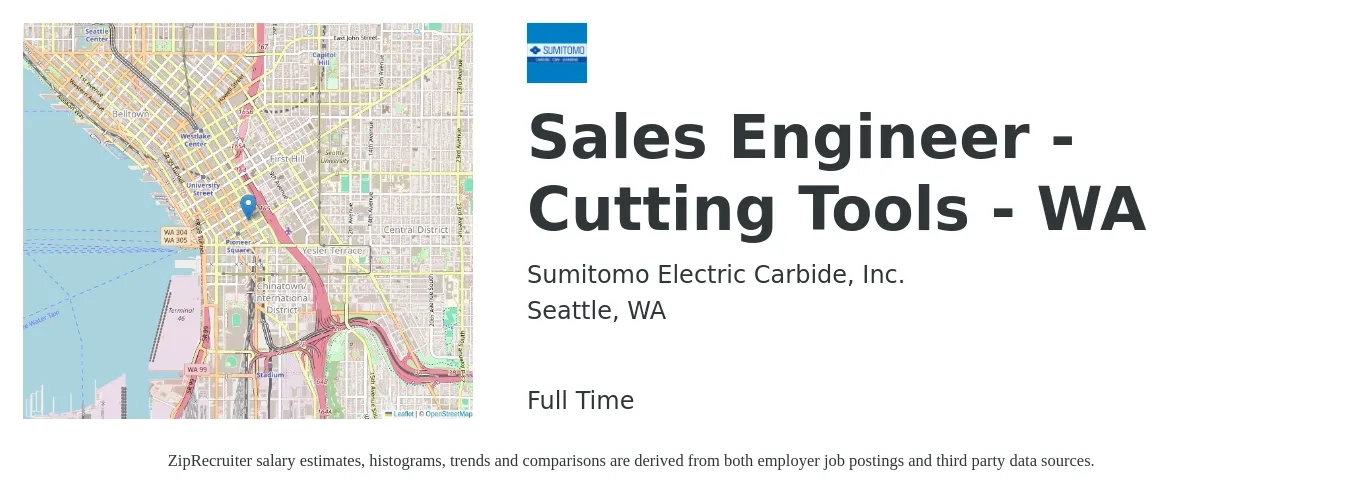 Sumitomo Electric Carbide, Inc. job posting for a Sales Engineer - Cutting Tools - WA in Seattle, WA with a salary of $85,400 to $128,000 Yearly with a map of Seattle location.