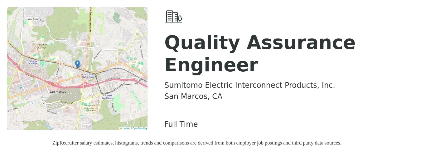 Sumitomo Electric Interconnect Products, Inc. job posting for a Quality Assurance Engineer in San Marcos, CA with a salary of $80,500 to $113,600 Yearly with a map of San Marcos location.