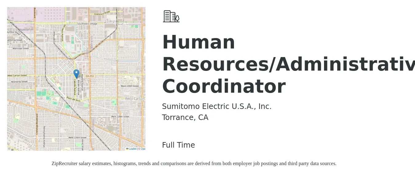 Sumitomo Electric U.S.A., Inc. job posting for a Human Resources/Administrative Coordinator in Torrance, CA with a salary of $55,000 to $65,000 Yearly with a map of Torrance location.
