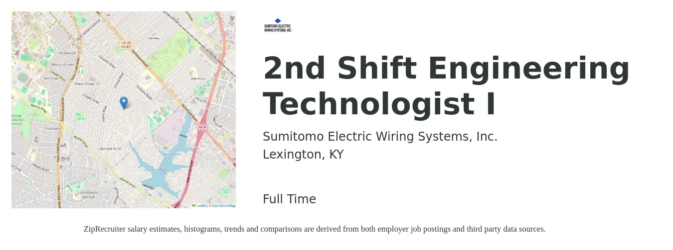 Sumitomo Electric Wiring Systems, Inc. job posting for a 2nd Shift Engineering Technologist I in Lexington, KY with a salary of $39 Hourly with a map of Lexington location.
