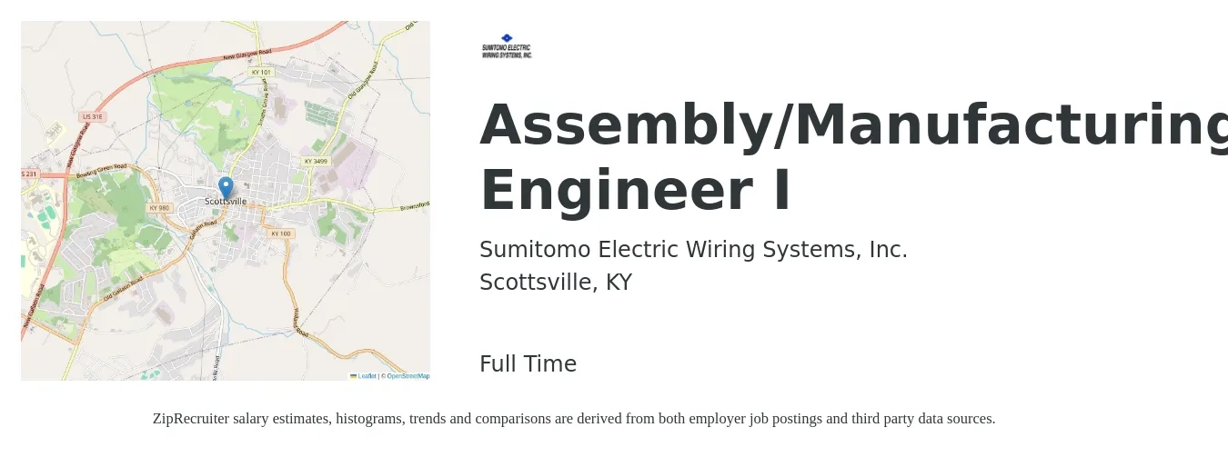 Sumitomo Electric Wiring Systems, Inc. job posting for a Assembly/Manufacturing Engineer I in Scottsville, KY with a salary of $29 to $34 Hourly with a map of Scottsville location.