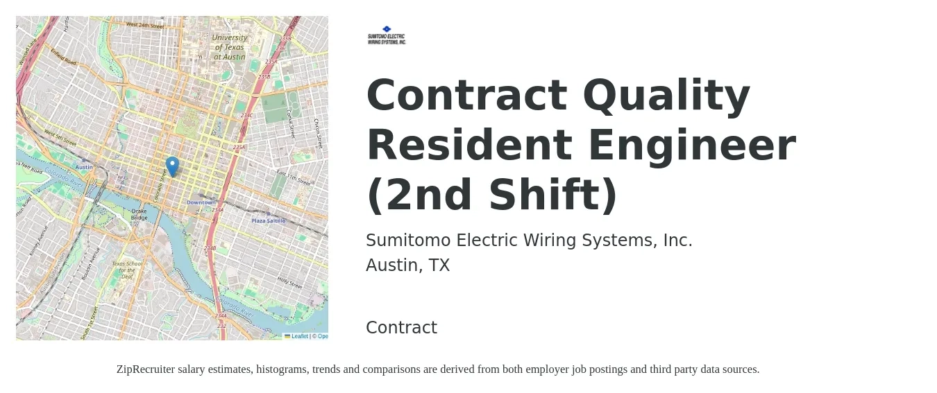 Sumitomo Electric Wiring Systems, Inc. job posting for a Contract Quality Resident Engineer (2nd Shift) in Austin, TX with a salary of $71,400 to $92,200 Yearly with a map of Austin location.