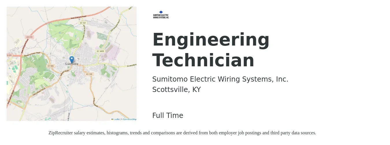 Sumitomo Electric Wiring Systems, Inc. job posting for a Engineering Technician in Scottsville, KY with a salary of $36,700 to $56,300 Yearly with a map of Scottsville location.