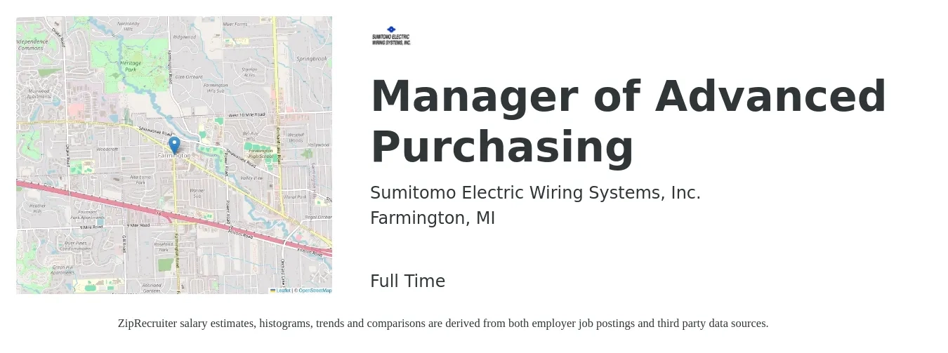 Sumitomo Electric Wiring Systems, Inc. job posting for a Manager of Advanced Purchasing in Farmington, MI with a salary of $64,000 to $98,400 Yearly with a map of Farmington location.