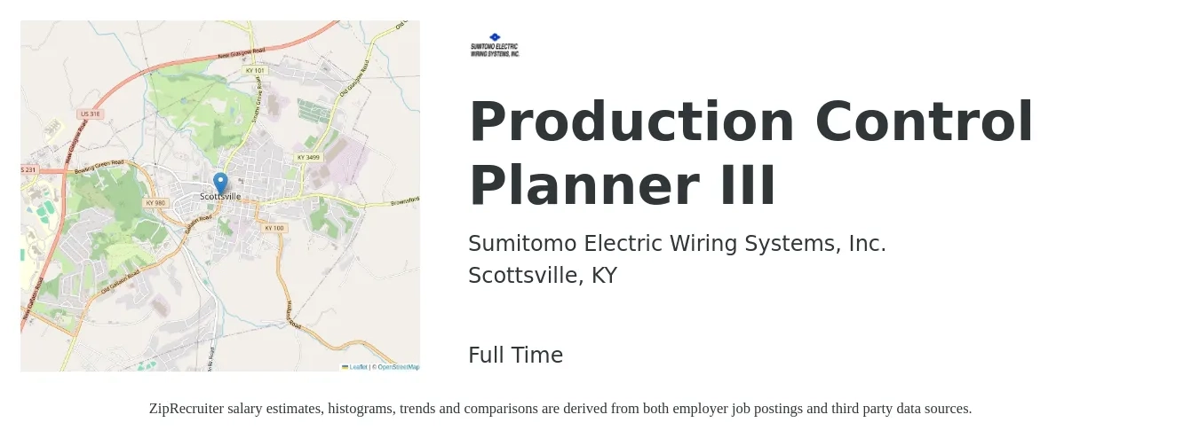 Sumitomo Electric Wiring Systems, Inc. job posting for a Production Control Planner III in Scottsville, KY with a salary of $20 to $28 Hourly with a map of Scottsville location.