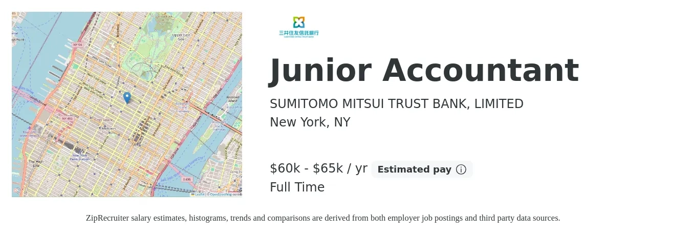 SUMITOMO MITSUI TRUST BANK, LIMITED job posting for a Junior Accountant in New York, NY with a salary of $60,000 to $65,000 Yearly with a map of New York location.