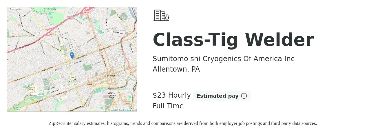 Sumitomo shi Cryogenics Of America Inc job posting for a Class-Tig Welder in Allentown, PA with a salary of $24 Hourly with a map of Allentown location.
