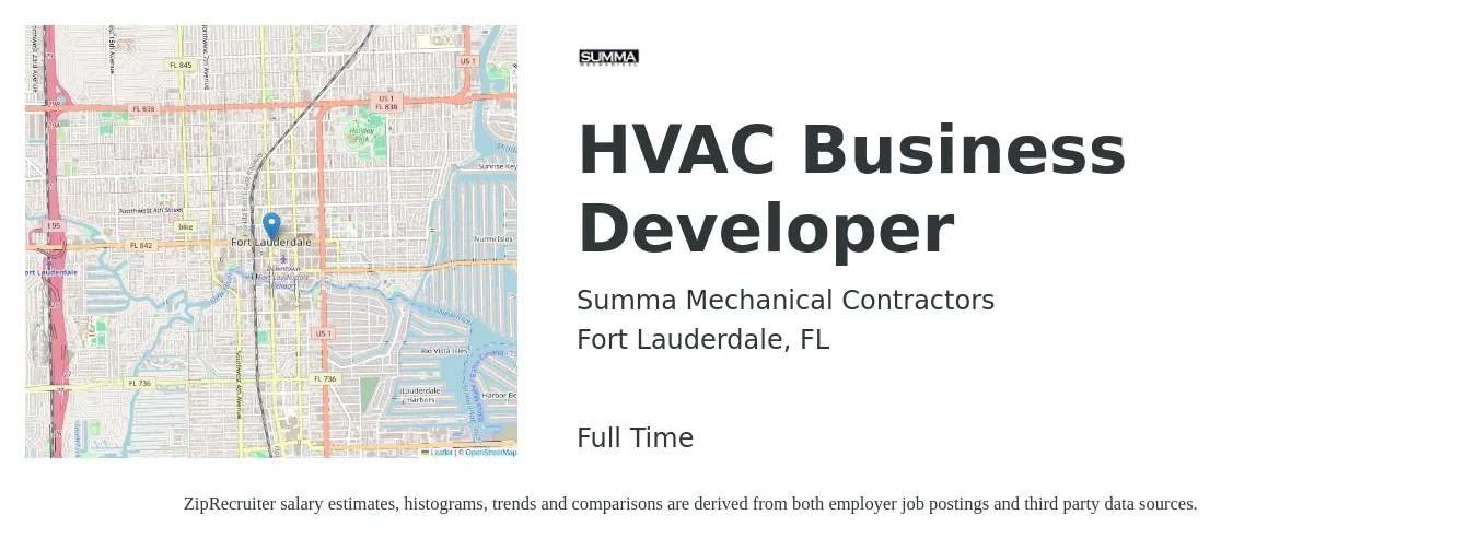 Summa Mechanical Contractors job posting for a HVAC Business Developer in Fort Lauderdale, FL with a salary of $55,000 to $60,000 Yearly with a map of Fort Lauderdale location.