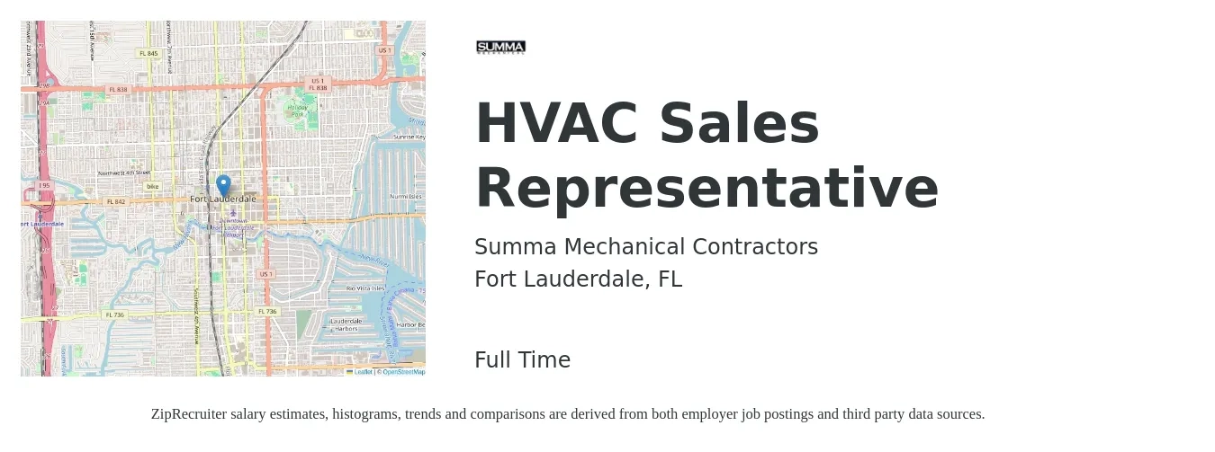 Summa Mechanical Contractors job posting for a HVAC Sales Representative in Fort Lauderdale, FL with a salary of $45,000 to $62,000 Yearly with a map of Fort Lauderdale location.