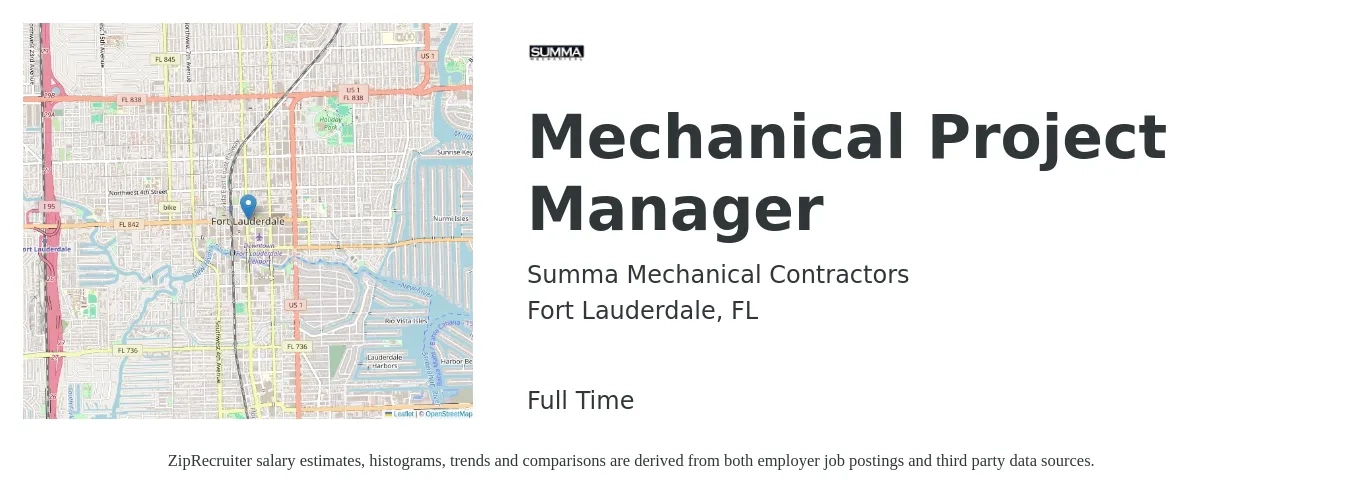Summa Mechanical Contractors job posting for a Mechanical Project Manager in Fort Lauderdale, FL with a salary of $84,600 to $114,500 Yearly with a map of Fort Lauderdale location.