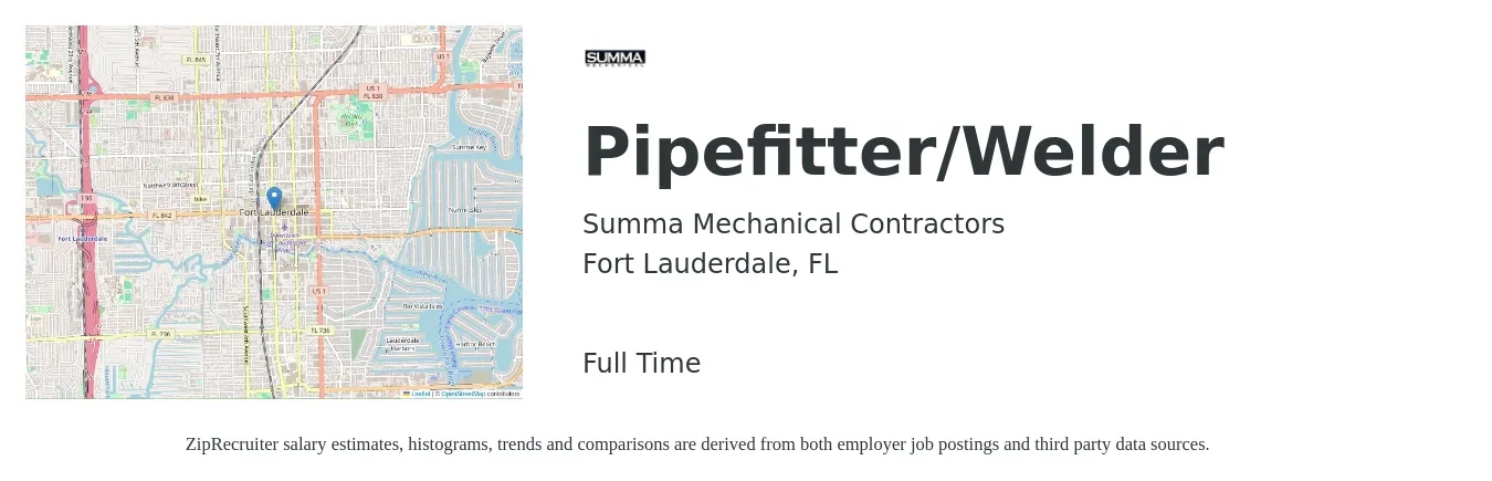Summa Mechanical Contractors job posting for a Pipefitter/Welder in Fort Lauderdale, FL with a salary of $25 to $35 Hourly with a map of Fort Lauderdale location.