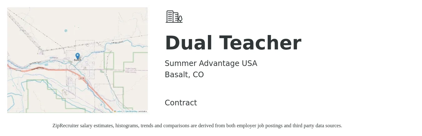Summer Advantage USA job posting for a Dual Teacher in Basalt, CO with a salary of $39,300 to $66,800 Yearly with a map of Basalt location.
