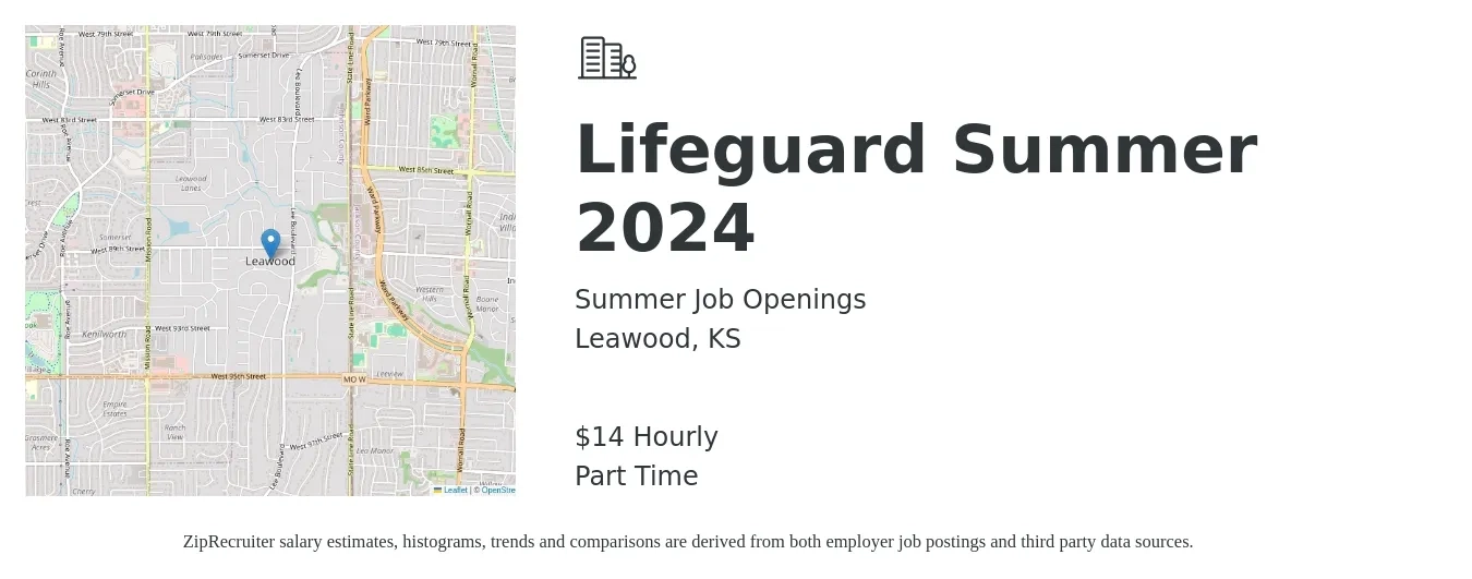Summer Job Openings job posting for a Lifeguard Summer 2024 in Leawood, KS with a salary of $15 Hourly with a map of Leawood location.