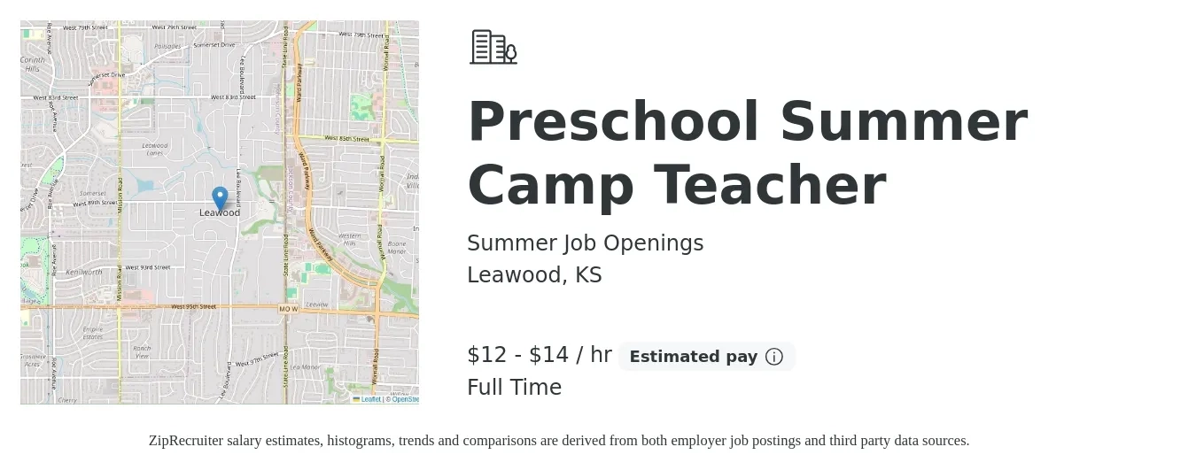 Summer Job Openings job posting for a Preschool Summer Camp Teacher in Leawood, KS with a salary of $13 to $15 Hourly with a map of Leawood location.