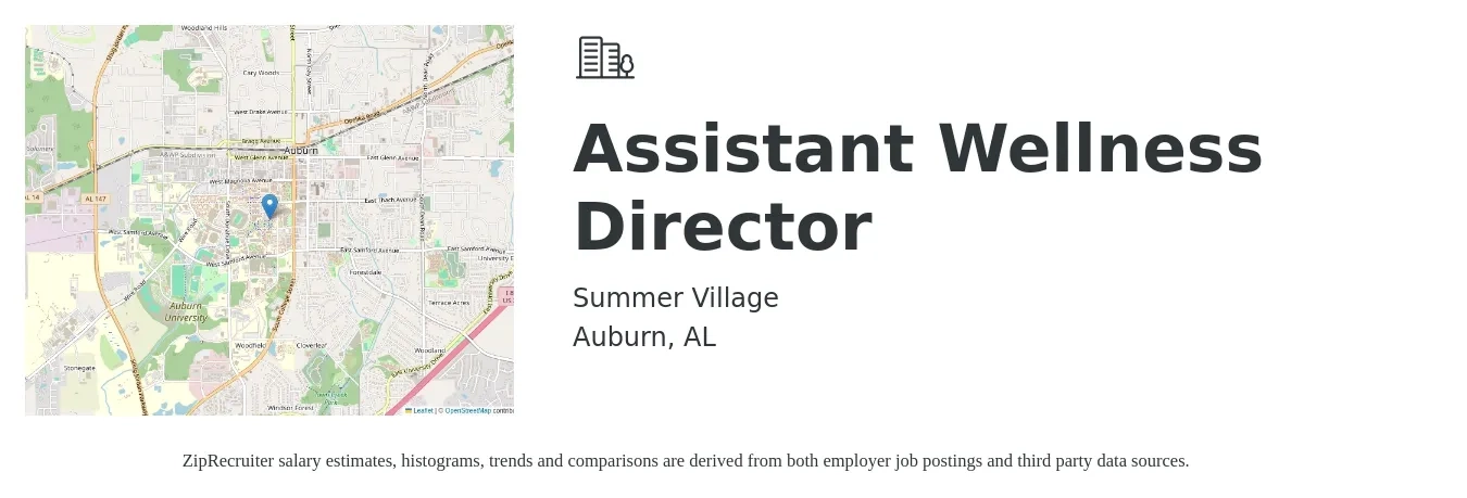 Summer Village job posting for a Assistant Wellness Director in Auburn, AL with a salary of $37,200 to $74,800 Yearly with a map of Auburn location.