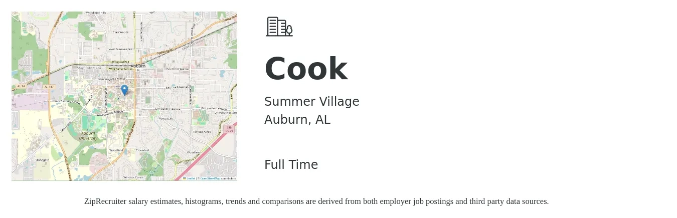 Summer Village job posting for a Cook in Auburn, AL with a salary of $12 to $16 Hourly with a map of Auburn location.