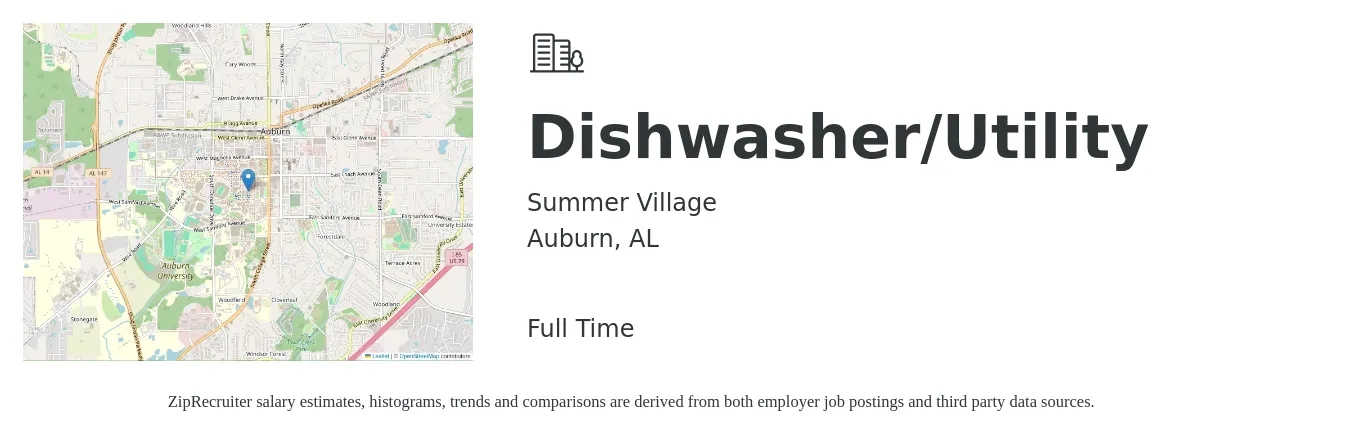 Summer Village job posting for a Dishwasher/Utility in Auburn, AL with a salary of $11 to $14 Hourly with a map of Auburn location.