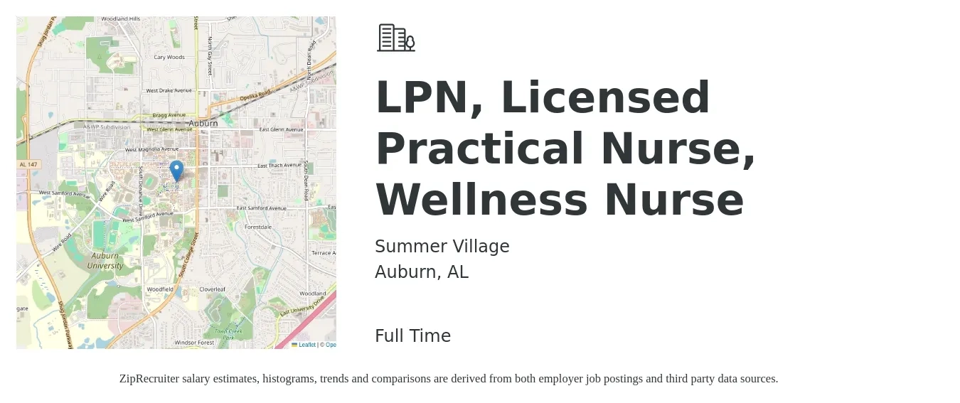 Summer Village job posting for a LPN, Licensed Practical Nurse, Wellness Nurse in Auburn, AL with a salary of $22 to $29 Hourly with a map of Auburn location.