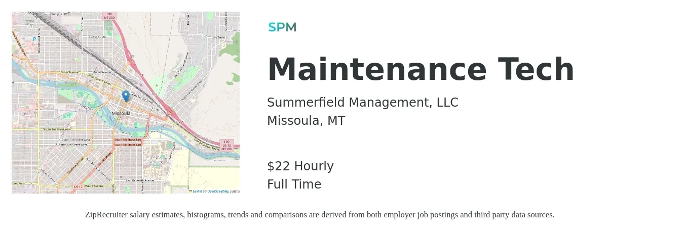 Summerfield Management, LLC job posting for a Maintenance Tech in Missoula, MT with a salary of $23 Hourly with a map of Missoula location.