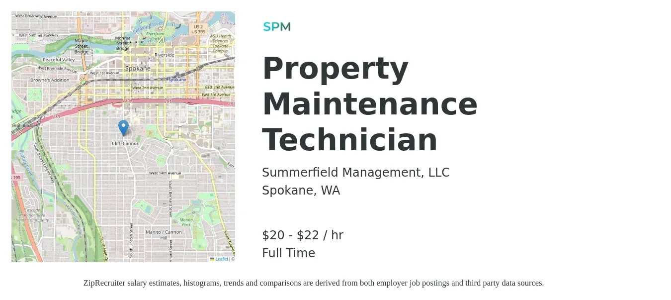 Summerfield Management, LLC job posting for a Property Maintenance Technician in Spokane, WA with a salary of $21 to $23 Hourly with a map of Spokane location.