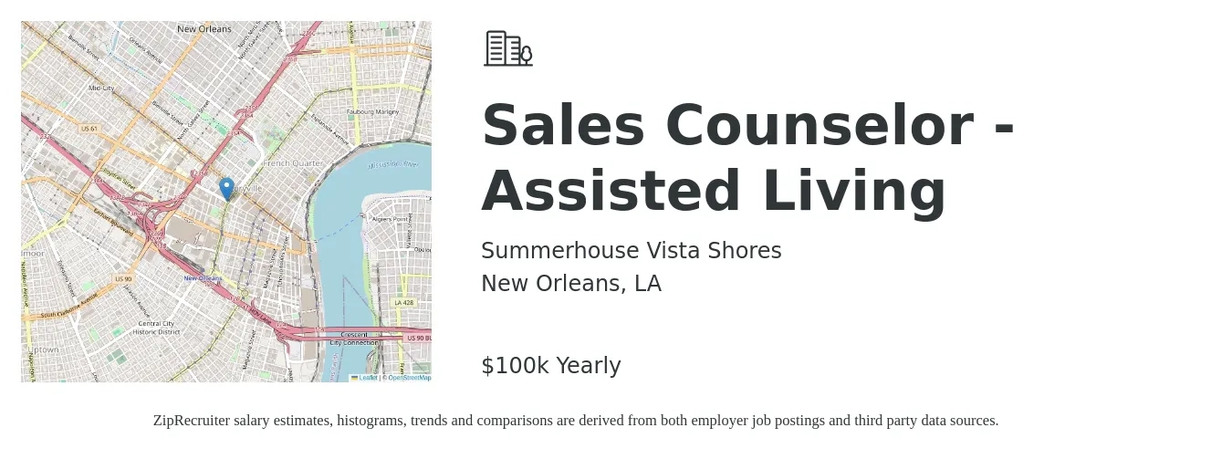 Summerhouse Vista Shores job posting for a Sales Counselor - Assisted Living in New Orleans, LA with a salary of $58,000 to $100,000 Yearly with a map of New Orleans location.