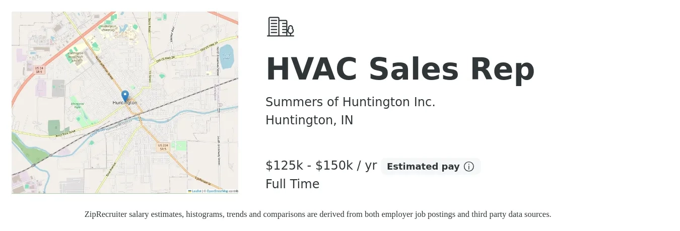 Summers of Huntington Inc. job posting for a HVAC Sales Rep in Huntington, IN with a salary of $125,000 to $150,000 Yearly with a map of Huntington location.