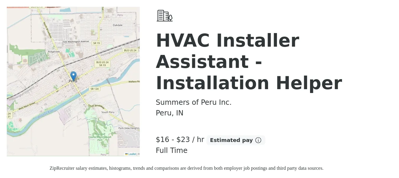 Summers of Peru Inc. job posting for a HVAC Installer Assistant - Installation Helper in Peru, IN with a salary of $35,000 to $50,000 Yearly with a map of Peru location.